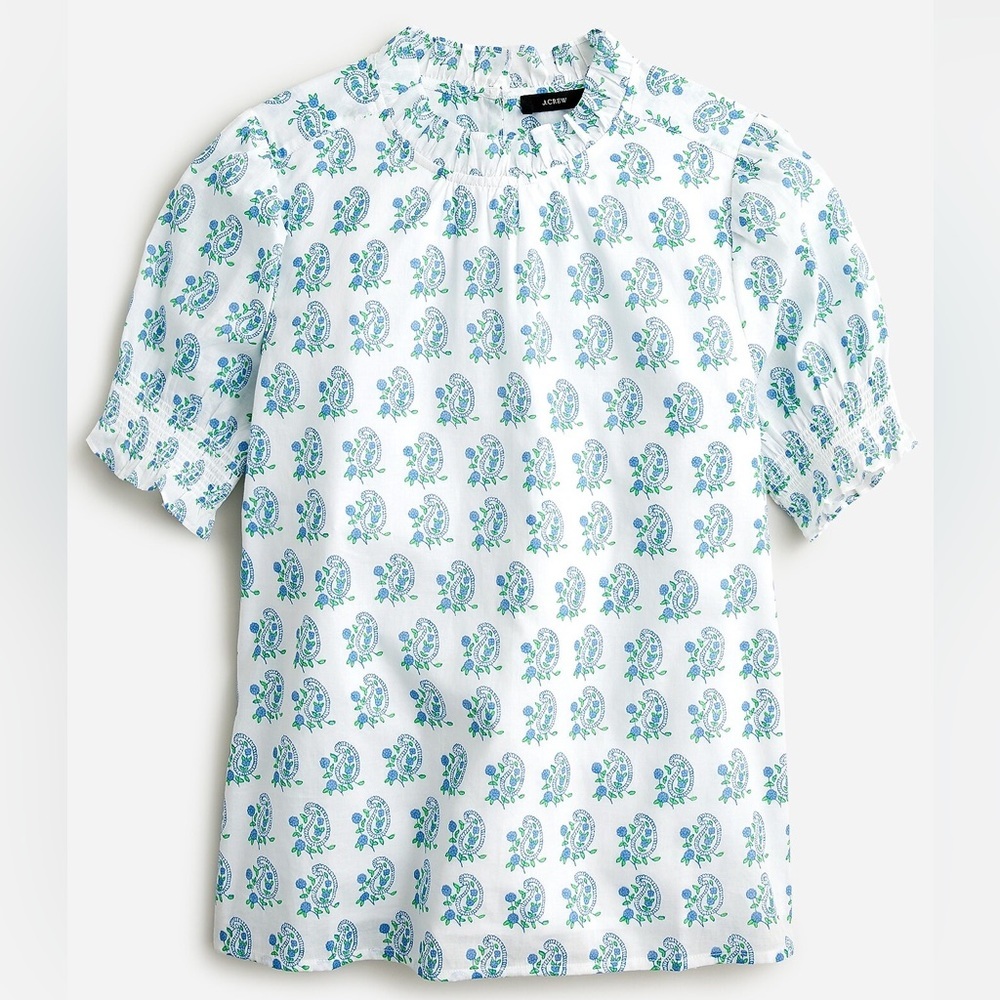 J Crew SZ Blockprints™ X J.Crew smocked puff-sleeve top in blue paisley BQ641